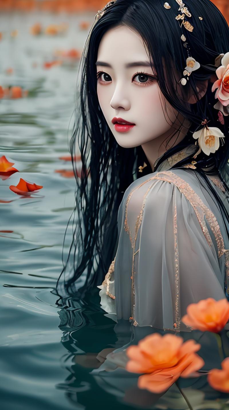 02496-2760201434-a woman with long black hair is surrounded by water with flowers, in the style of dreamlike realism, dark gray and orange, han d.png